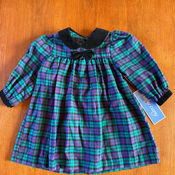 Baby Cary Green and Purple Flannel Dress with Black Velvet Trim 18Mo. NWT - Picture 1 of 5